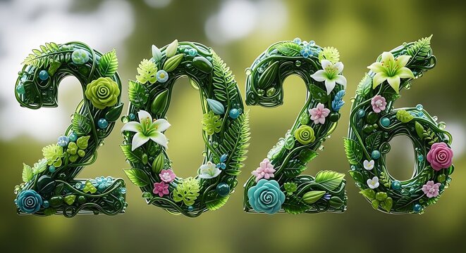 Decorative 2026 numbers covered in lush green foliage and delicate blossoms, representing growth and new beginnings