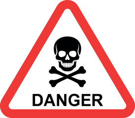 Red triangle warning sign with black skull and crossbones symbol and the word danger, isolated on white background, warning symbol