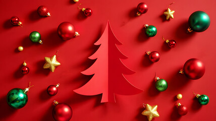 Festive christmas scene featuring a red paper tree with ornaments on a red background layout design