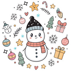 Cute Snowman Christmas Illustration, Kawaii Winter Character Art, Adorable Holiday Doodle Design, Festive Snowflakes and Gift Elements, Christmas Cartoon Drawing, Whimsical Winter Holiday Graphic.
