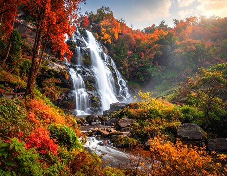 A majestic waterfall cascades through a vibrant forest, showcasing brilliant red and orange foliage. Rocky terrain flanks the rushing water