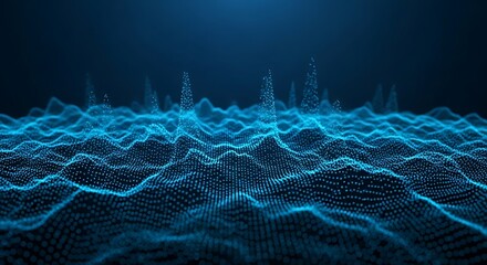 Abstract blue digital sound waveform visualization with glowing particles