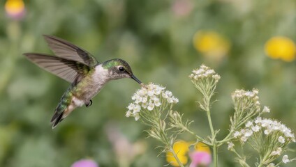 Fototapeta premium Hummingbird hovering near white flowers in a vibrant garden.