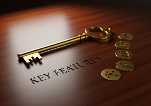 A golden key resting on a wooden surface with the words 'KEY FEATURES' and several icons.