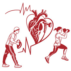 Cardio Fitness and Healthy Heart Concept with EKG Line, Dumbbell, and People Exercising