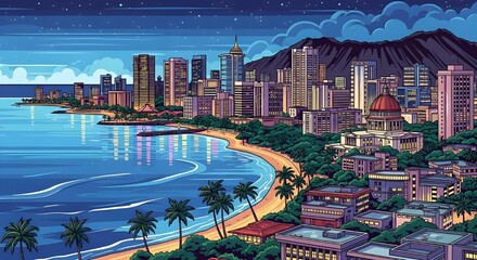 Colorful cartoon cityscape at night, showcasing bright lights in windows and a moonlit sky above.