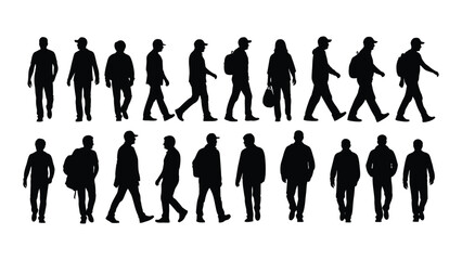 Set of walking people silhouettes isolated on white background, Vector