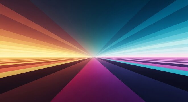 Vibrant abstract background featuring colorful light rays converging at a vanishing point on the horizon.
