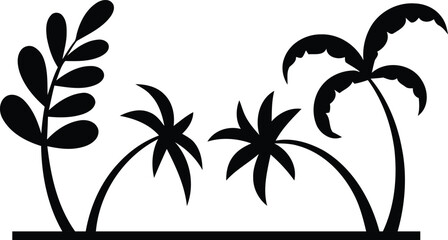 Minimalist tropical landscape silhouette with palm trees and foliage