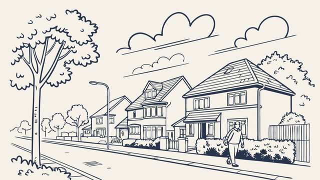 Naklejki Line Art Sketch of Suburban Street with Houses, Trees, Man Walking, and Clouds