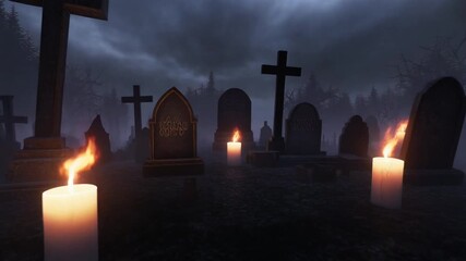Candles illuminate a dark gothic cemetery at dusk, with crosses and gravestones under an ominous Halloween sky.