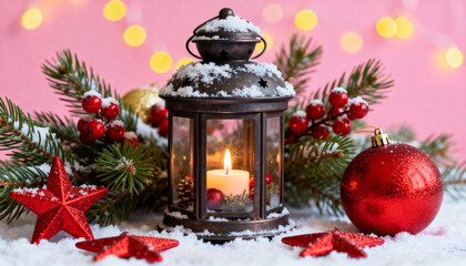 Lantern with candle surrounded by Christmas decorations in snow