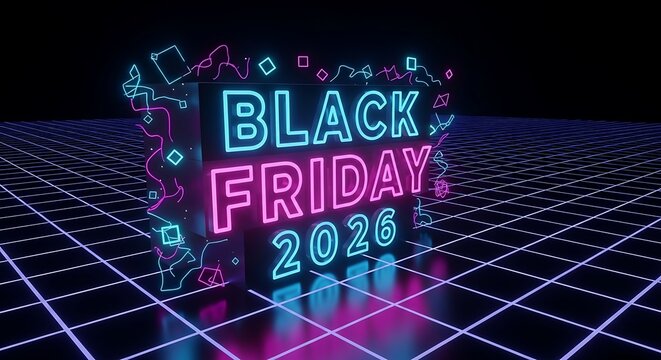 Get Ready for Black Friday 2026 with this vibrant neon promotional design, perfect for advertising big sales and attracting holiday shoppers now - Powered by Adobe