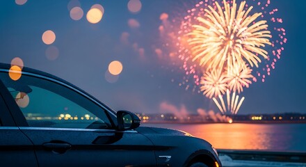 Car parked at night with fireworks display over water in the distance