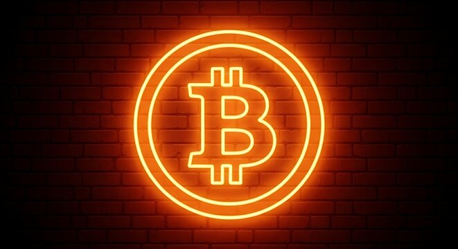 Glowing orange neon bitcoin symbol on a brick wall background - Powered by Adobe