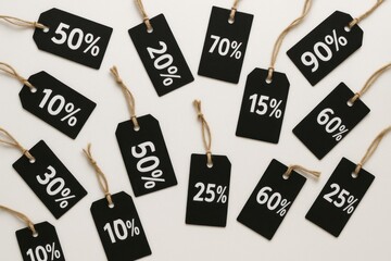 A collection of black price tags displaying various discount percentages, arranged attractively on a light background.