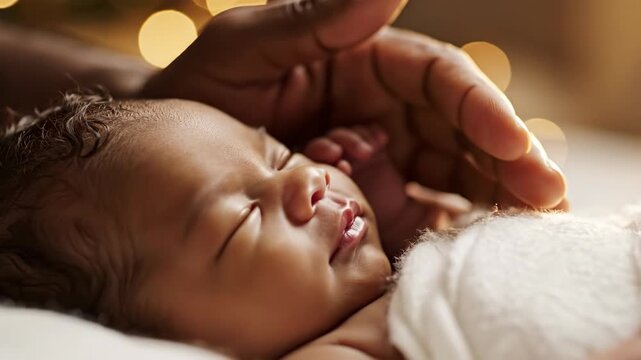 African American man gently caressing sleeping newborn babys cheek in close-up. Tender father and infant bonding moment with soft bokeh lights. Family love and parenting concept in warm soft focus