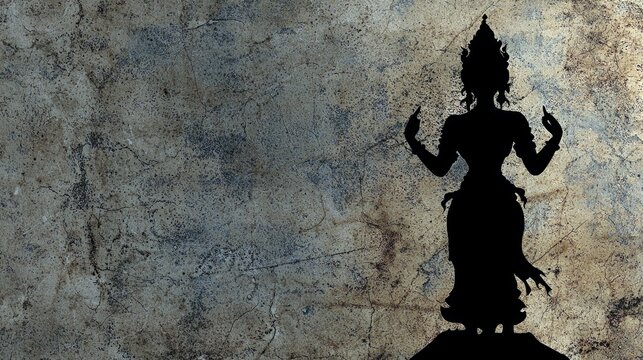 A black silhouette of a dancer in traditional attire stands against a textured, grunge-like background. The dancer's pose is dynamic with hands raised, suggesti