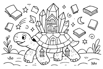 Obraz premium Turtle Library Castle Coloring Page Books Reading Education Fantasy Learning Adventure Educational Activity Sheet