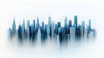 A panoramic view of a city skyline with numerous skyscrapers emerging from a dense layer of fog. The buildings are rendered in shades of blue and grey, with a b