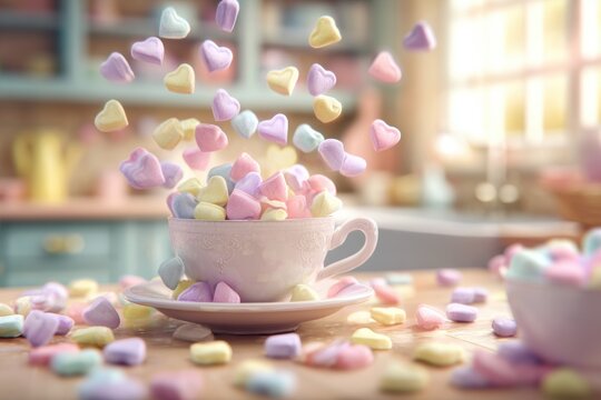 Sweet Heart Marshmallows: A charming close-up showcases a porcelain teacup overflowing with heart-shaped marshmallows, with a cascade of sweet treats filling a cozy kitchen scene. - Powered by Adobe