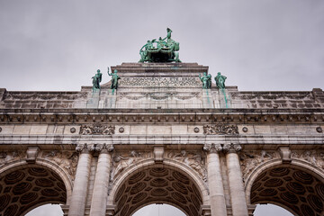 Close-up of Cinquantenaire Arch with sculptures in Brussels, Belgium