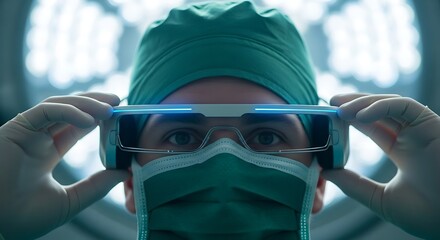Surgeon wearing augmented reality glasses in operating room with bright lights