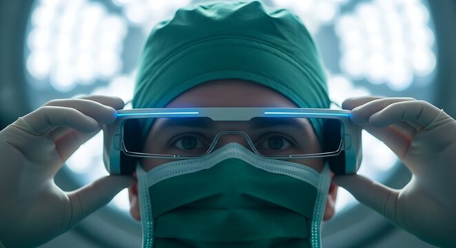 Surgeon wearing augmented reality glasses in operating room with bright lights