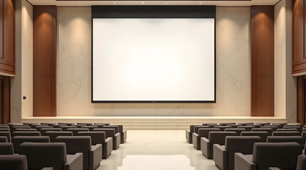 Modern conference room with empty seats and a large projection screen, ideal for presentations and meetings.