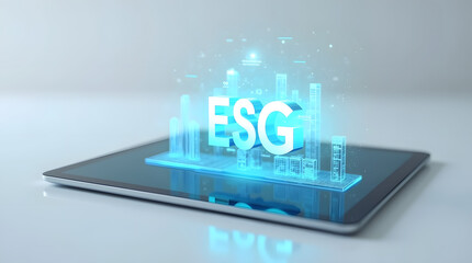 Digital representation of ESG principles emerging from a tablet, highlighting technology and sustainability.