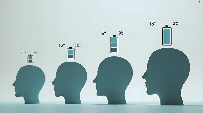 Stylized silhouettes of human heads represent varying levels of battery life with distinct percentages above each head.