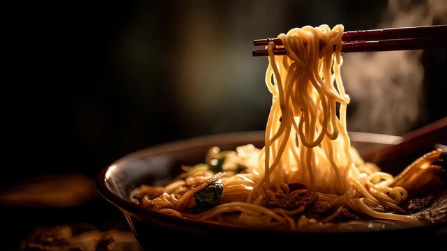 Dramatic low-angle close-up chopsticks lifting a clump of noodles from a bowl of ramen against a dark moody background
