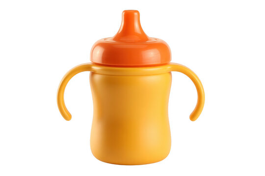 Yellow sippy cup with orange lid and handles isolated on a transparent background