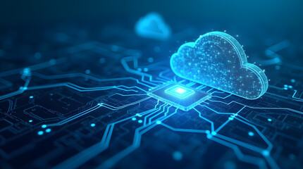 A glowing digital cloud icon hovering above a microchip, symbolizing cloud computing and technology.