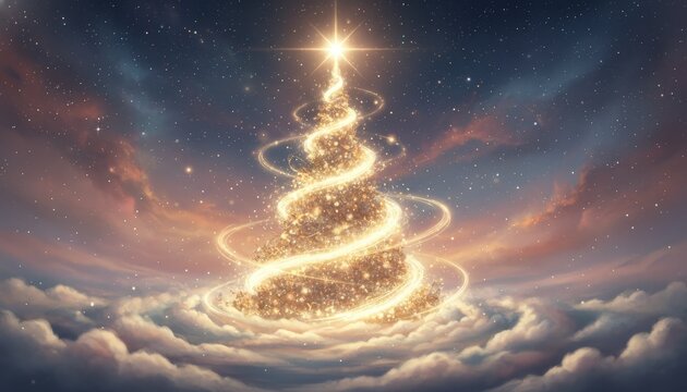 Magical golden Christmas tree made of swirling lights and sparkles floating in dreamy clouds and starry sky background.