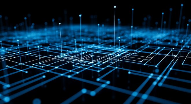 Abstract glowing blue digital network grid with connections and data flow