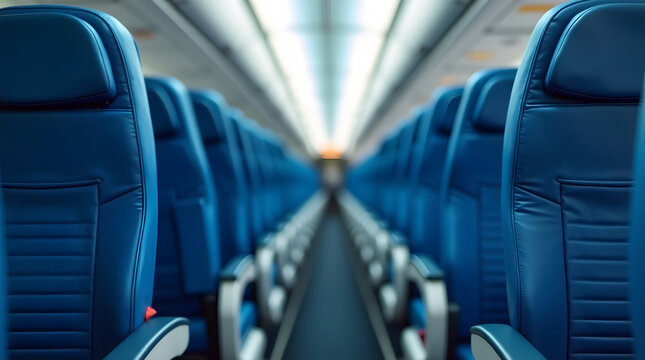 Interior view of a modern airplane cabin featuring rows of blue leather seats. - Powered by Adobe
