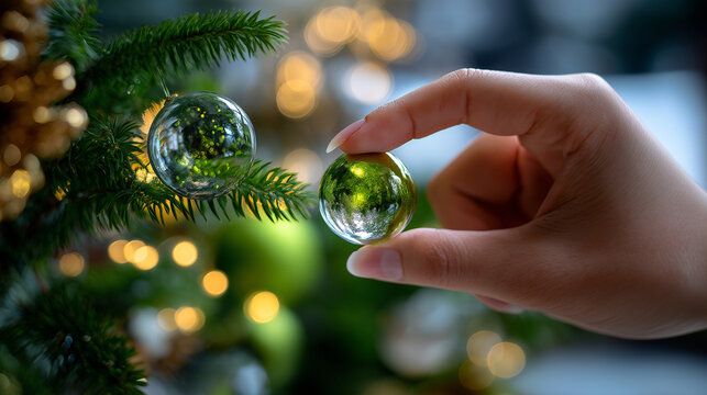 Close-up of fingers touching ornament with defocused body and clear green spheres with evergreen branch displayed, with copy space
