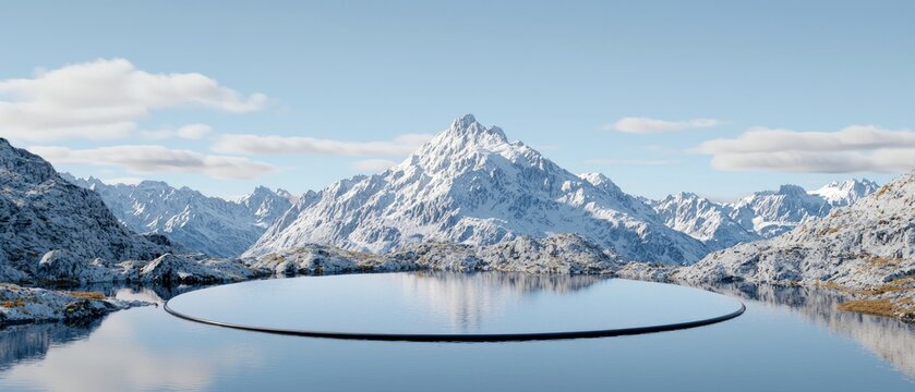 A serene mountain landscape with snow-covered peaks and rocky terrain surrounding a still, reflective lake. A circular platform is visible in the foreground on