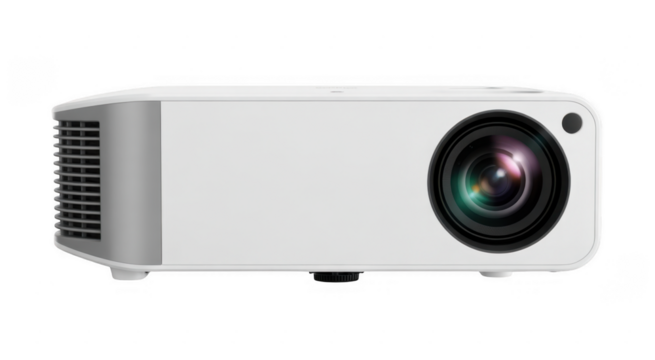White projector with black lens and silver vent isolated on a transparent background