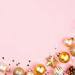 Christmas Ornaments Decoration Flat Lay on a Delicate Pink Background
