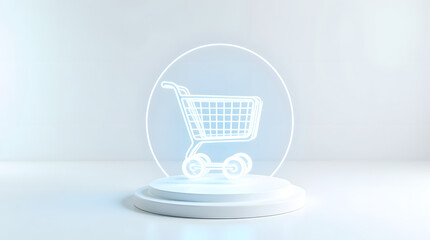 A minimalist 3D illustration of a glowing shopping cart icon on a white pedestal, representing online shopping and e-commerce.