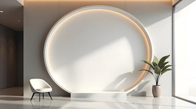Minimalist interior featuring a circular wall with soft lighting, a modern chair, and a potted plant.