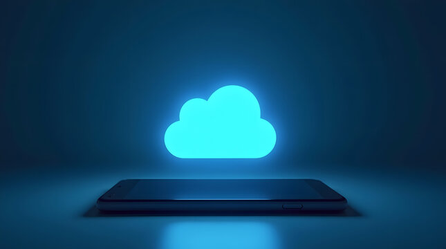 A minimalistic digital illustration of a glowing blue cloud icon hovering above a dark smartphone, symbolizing cloud storage and technology.
