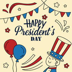 Happy Presidents Day Banner and Background with USA Flag and Text Vector Illustration