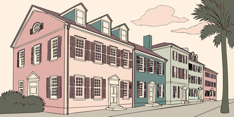 Obraz premium Charleston Rainbow Row pastel vector