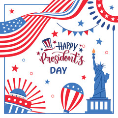 Happy Presidents Day Banner and Background with USA Flag and Text Vector Illustration