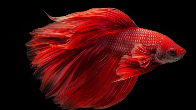 Vibrant red betta fish with flowing fins swimming against black