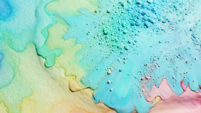 Watercolor artistry unfolds with skilled hands bringing vibrant paintings to life on colorful surfaces, combining blue and green liquids, spoons, and paper, evoking serenity and tranquility.