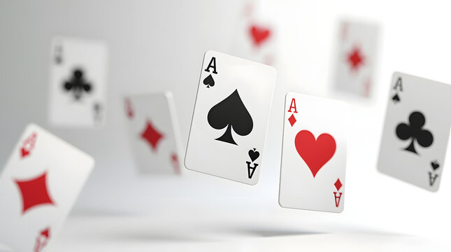 Floating playing cards featuring aces of spades, hearts, and clubs with a soft focus background.